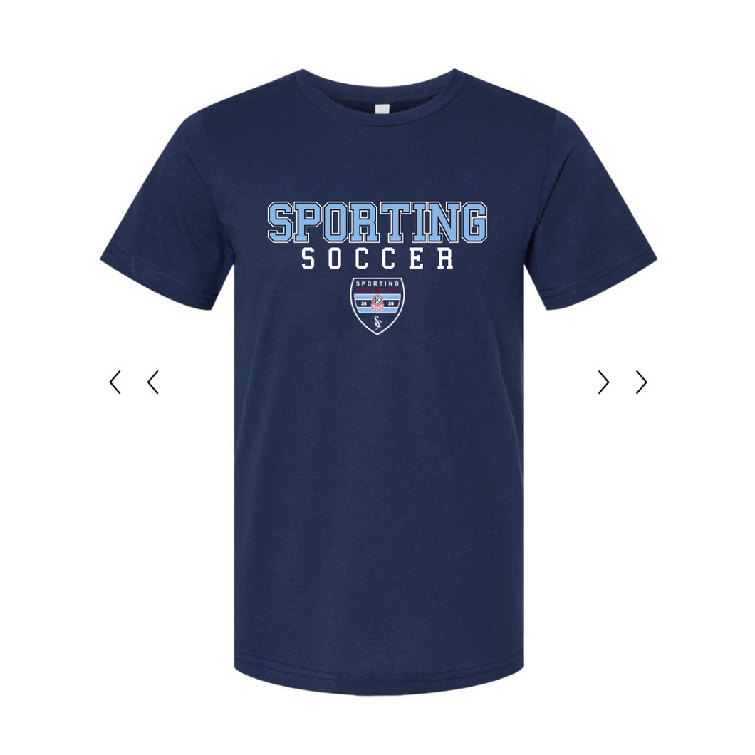 New Adult Unisex Short Sleeve Tee with SPORTING Soccer (Navy)